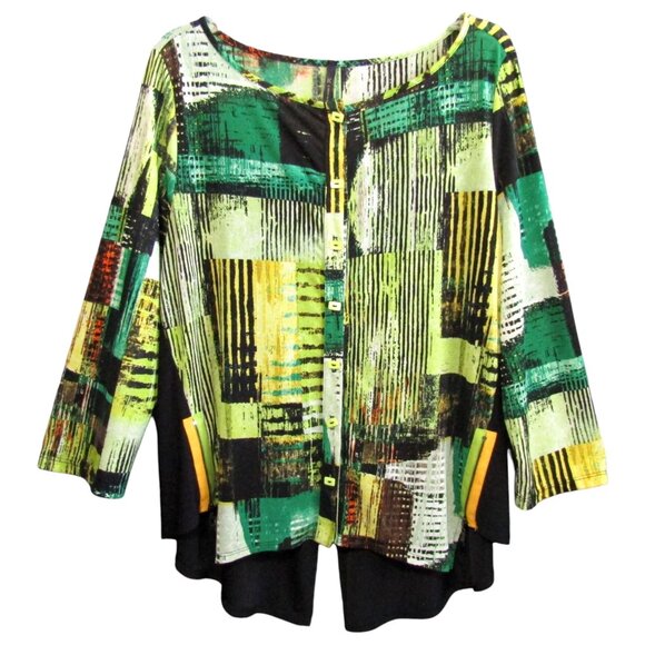IC by Connie K Black Green Yellow Geometric Top XL Rectangle Buttons Split Back - Picture 1 of 10